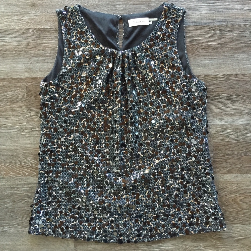 Calvin Klein Sequin Top Women’s Size S Scoop Neck, Sleeveless,